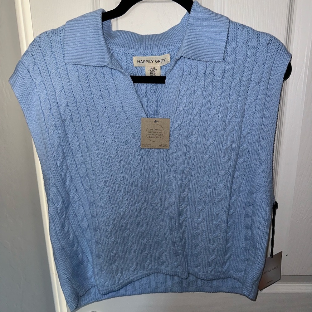 Happily Grey Light Blue Cable Knit Polo Sweater Vest